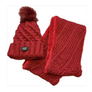UGG Women's Red Knit Beanie and Scarf Set